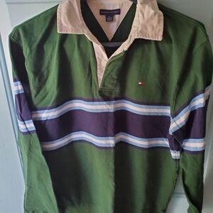 Tommy Hilfiger Green Rugby Shirt with Navy and White Stripes